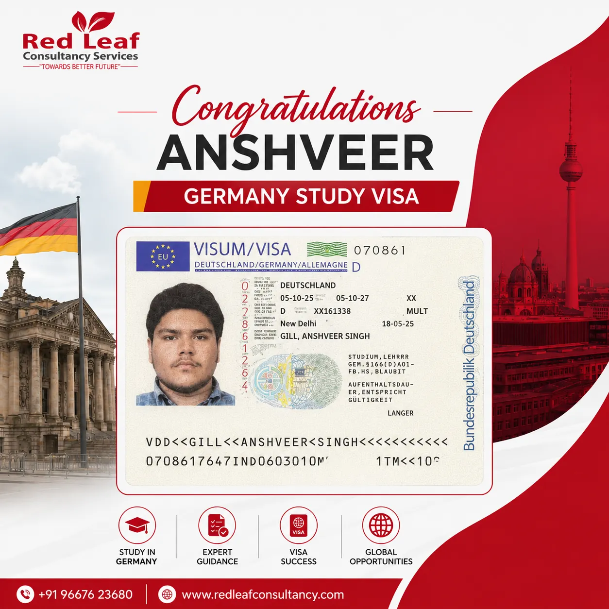 Anshveer Singh Gill — Germany study visa — Red Leaf Consultancy.