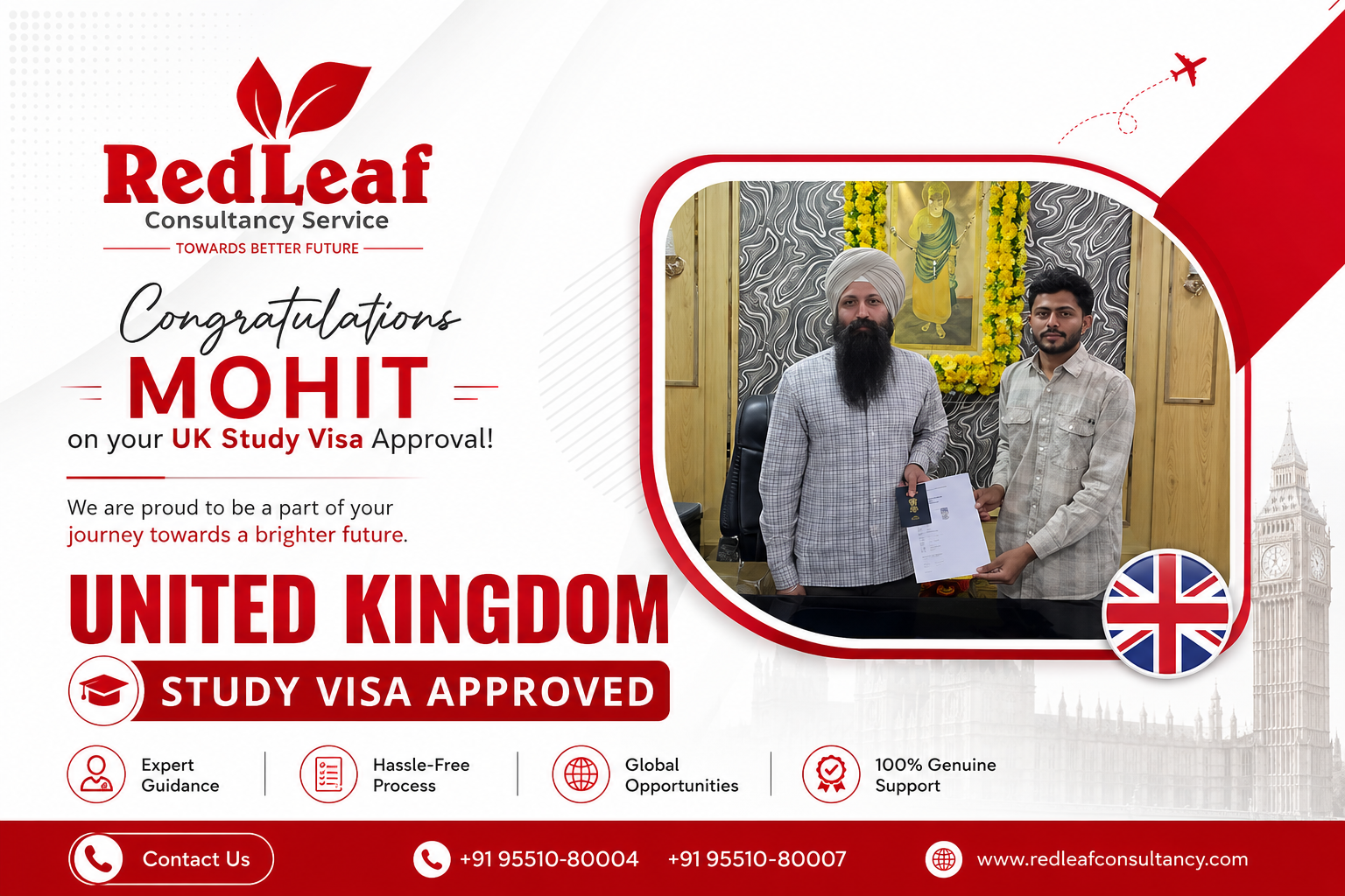 United Kingdom study visa approval for Mohit — Red Leaf Consultancy.