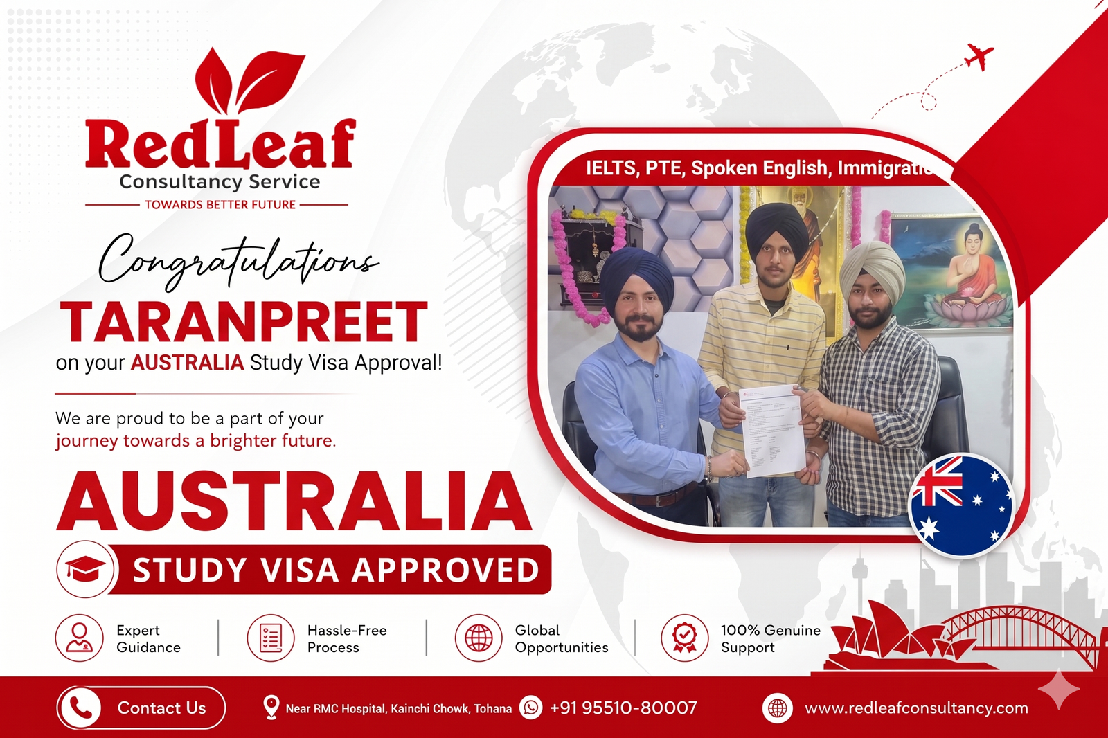 Australia study visa approval for Taranpreet — Red Leaf Consultancy.