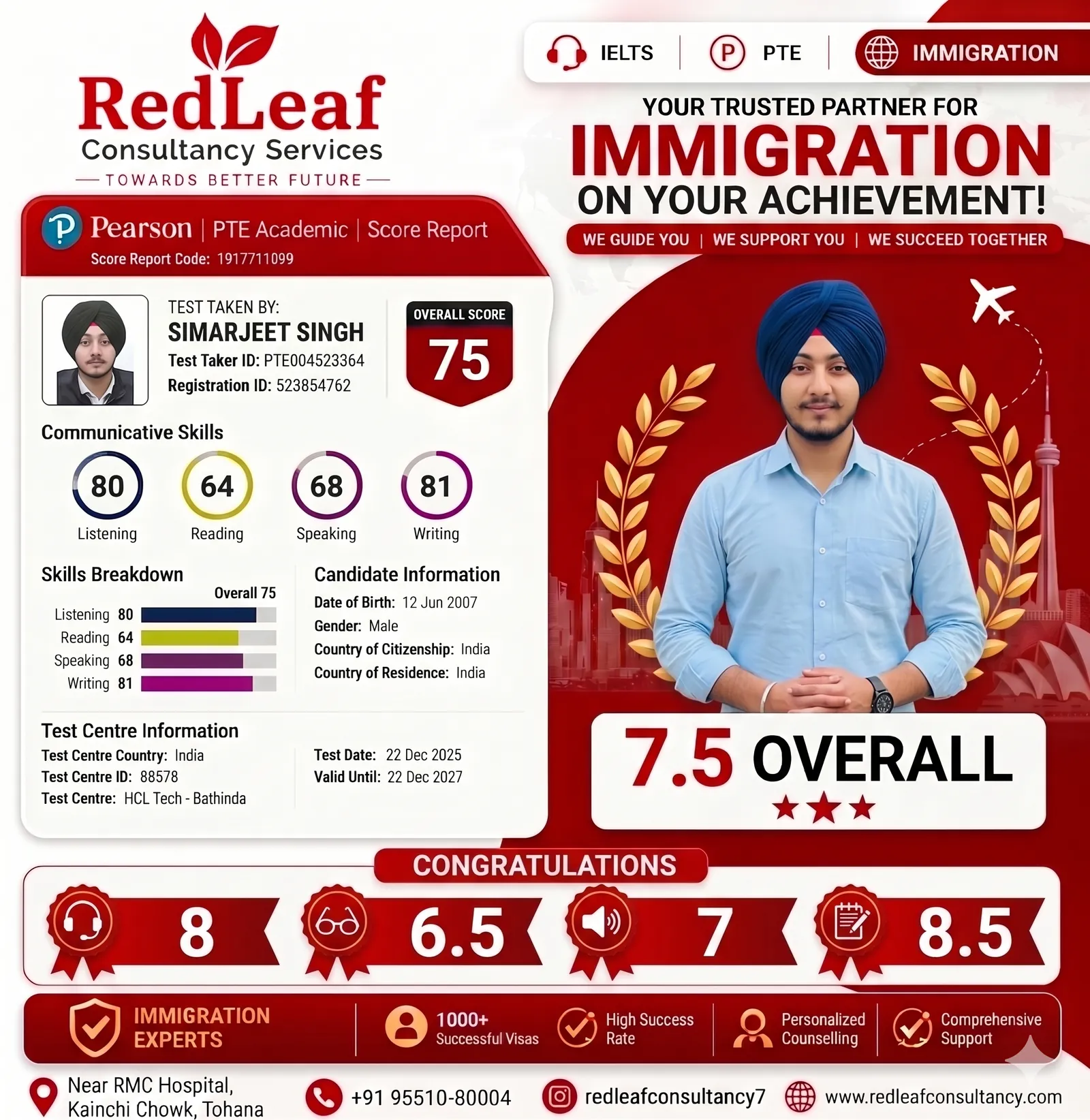 Simarjeet Singh — PTE Academic overall 75 · Red Leaf Consultancy.