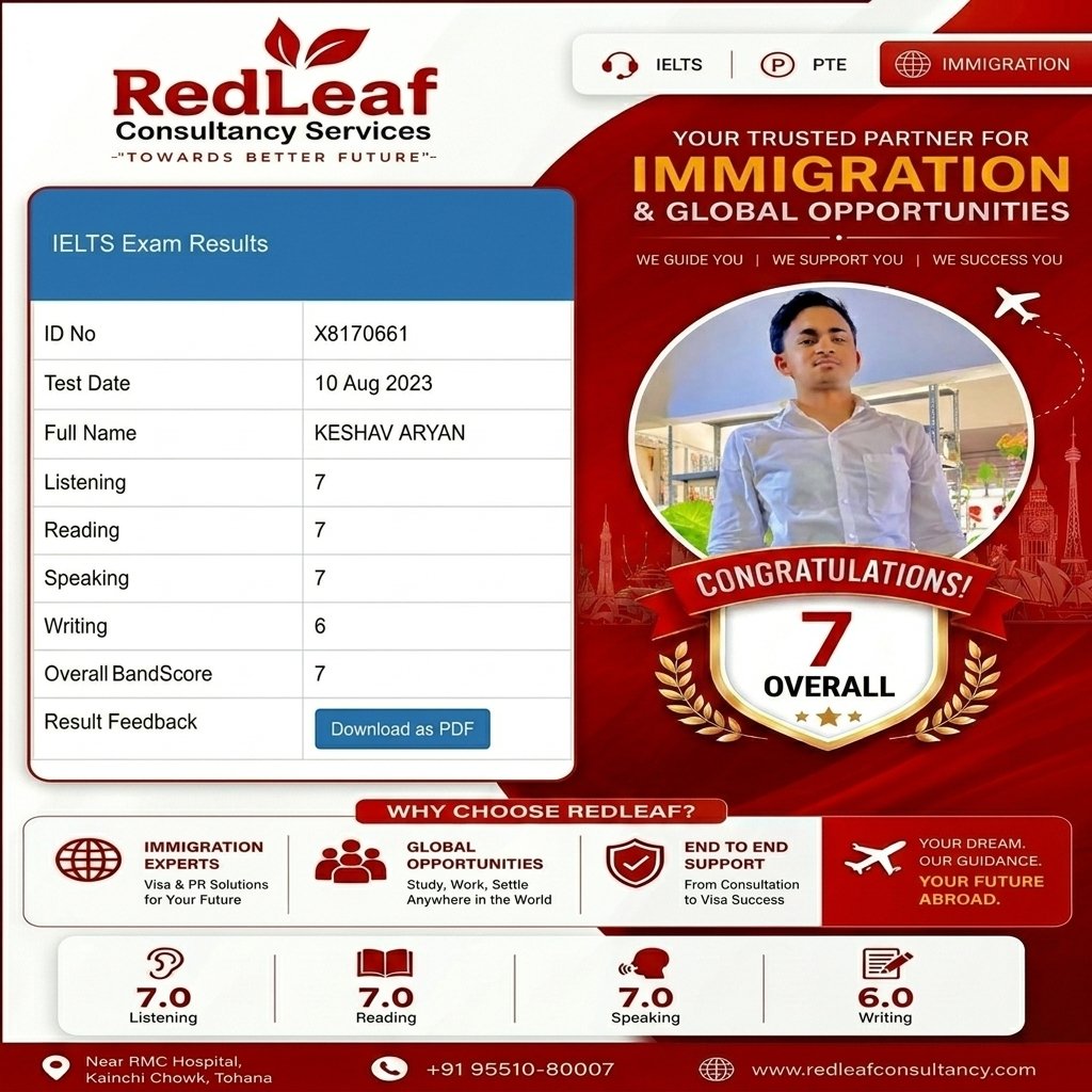 Keshav Aryan — IELTS overall band 7 (Listening 7, Reading 7, Speaking 7, Writing 6), test August 2023 · Red Leaf Consultancy.