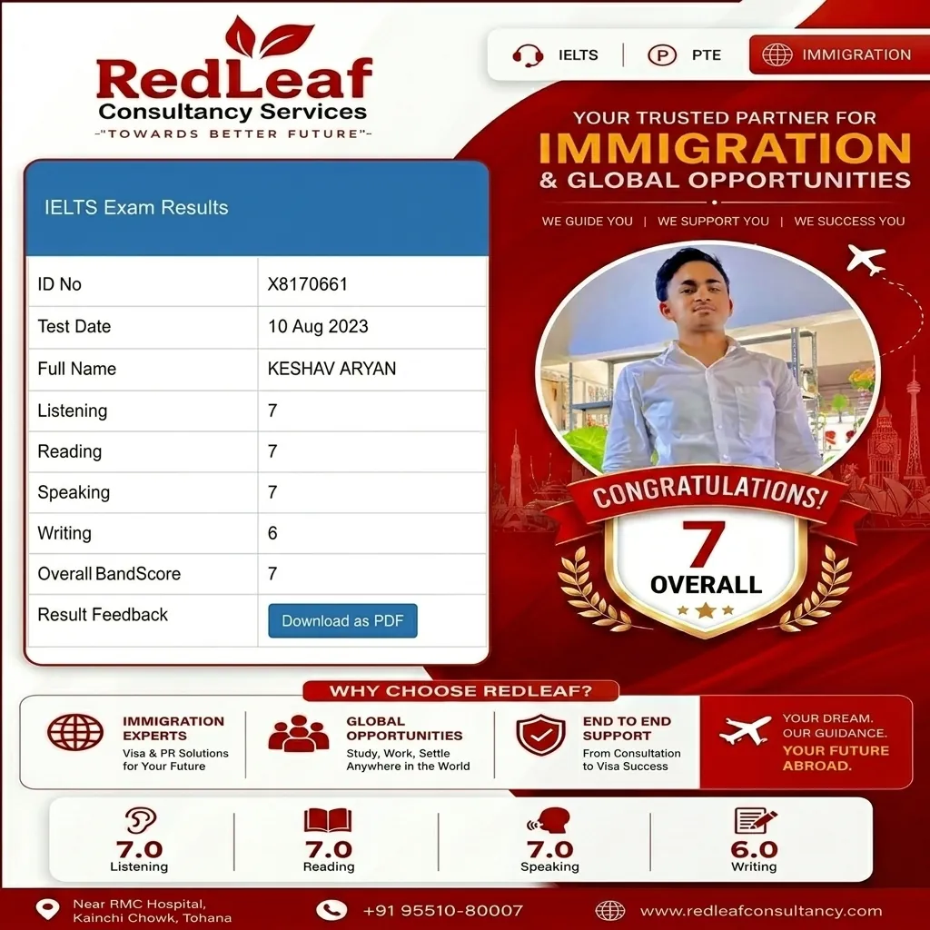 Keshav Aryan — IELTS overall band 7 · Red Leaf Consultancy.