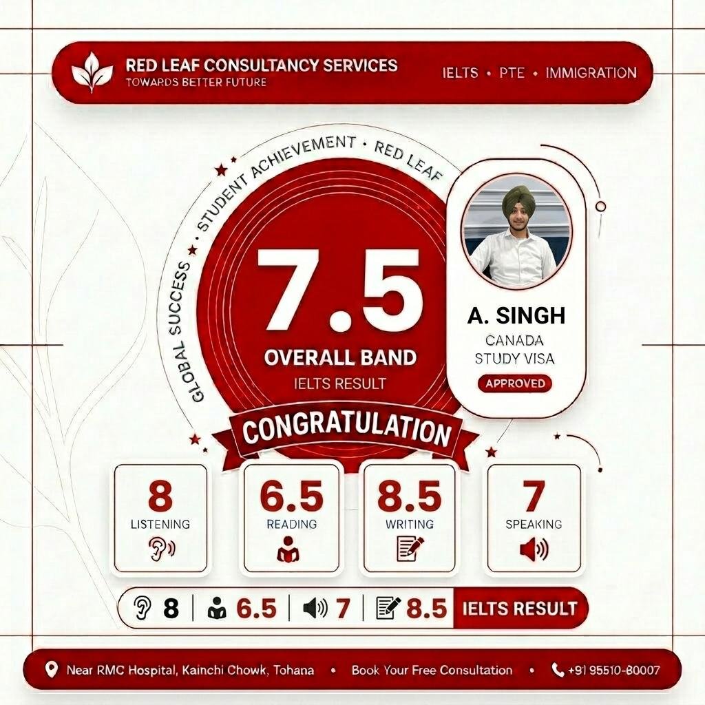 IELTS overall band 7.5 — A. Singh; listening 8, reading 6.5, writing 8.5, speaking 7; Canada study visa approved.