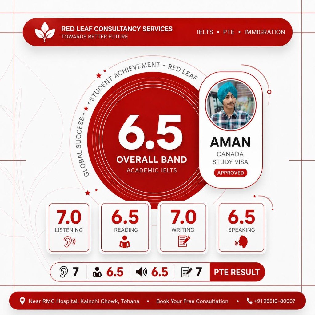 IELTS Academic overall 6.5 and PTE summary — Aman; Canada study visa approved.