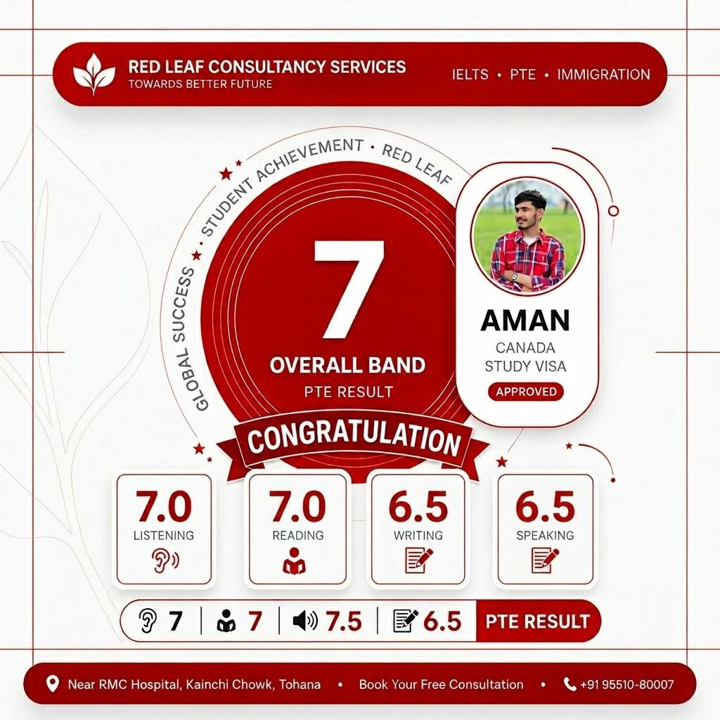 PTE overall band 7 — Aman; listening, reading, writing, and speaking module scores; Canada study visa approved.