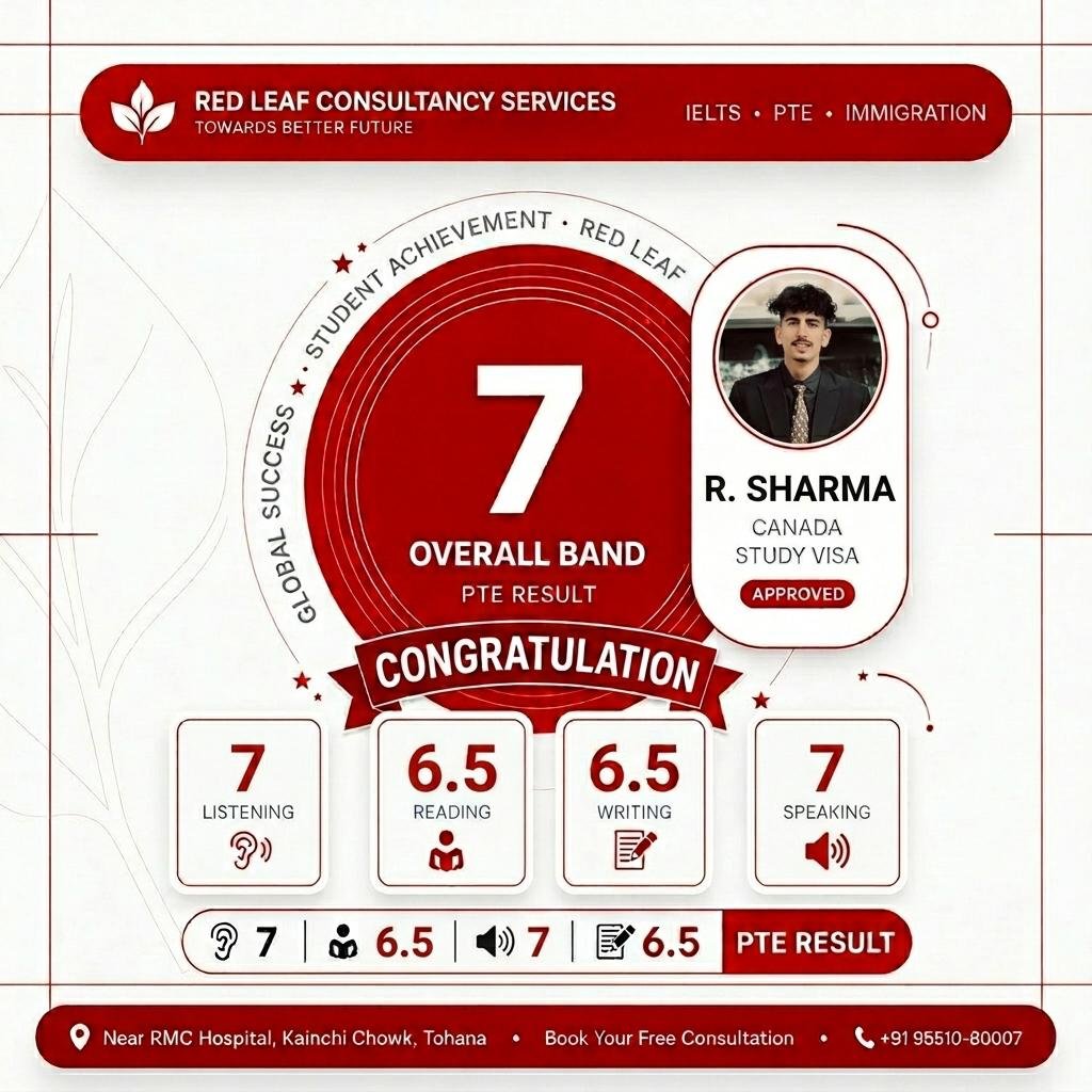 PTE overall band 7 — R. Sharma; listening 7, reading 6.5, writing 6.5, speaking 7; Canada study visa approved.