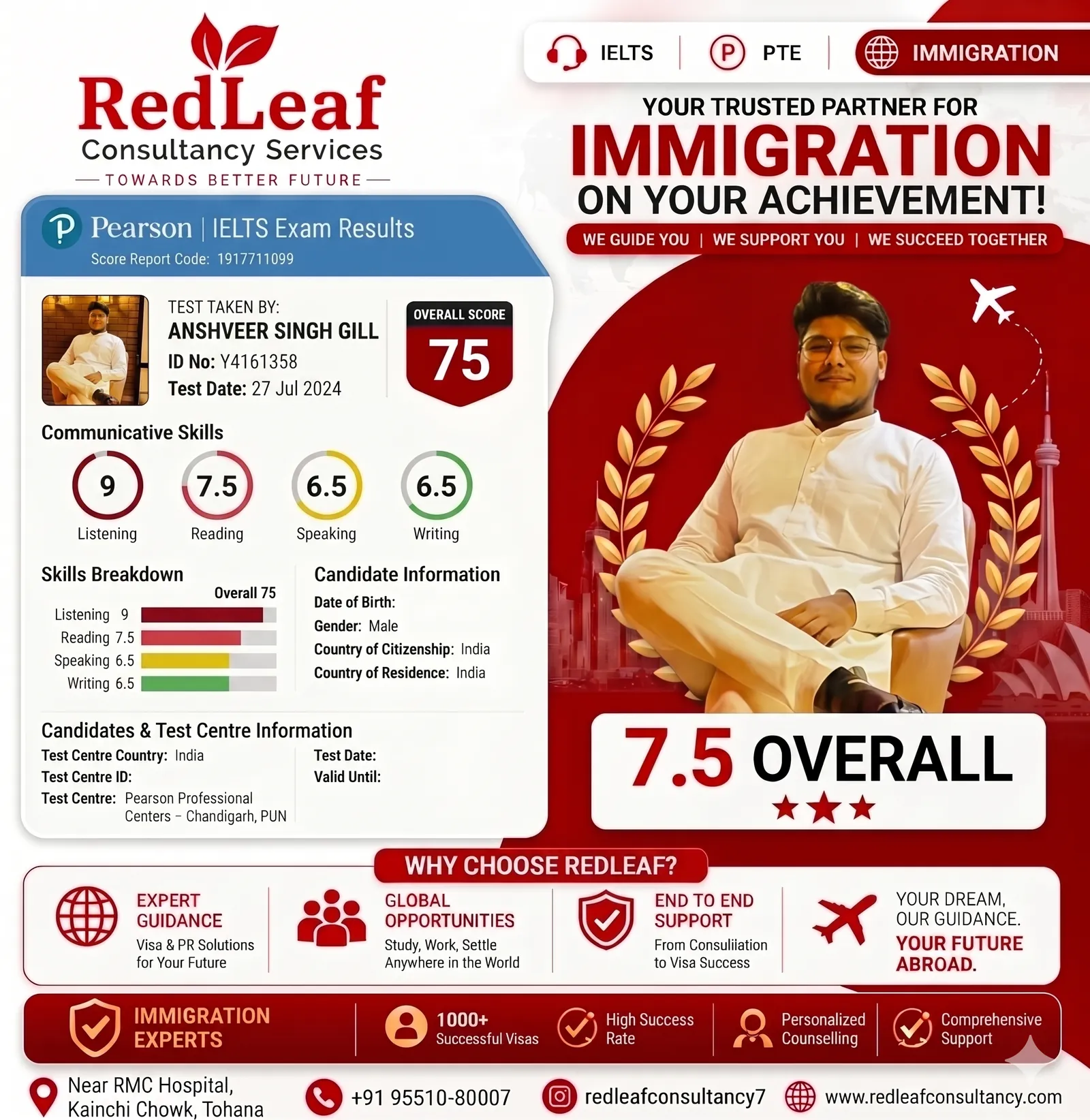 Anshveer Singh Gill — IELTS overall band 7.5 · Red Leaf Consultancy.