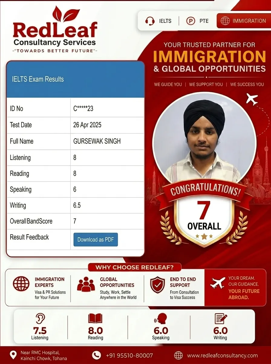 Gursewak Singh — IELTS overall band 7 · Red Leaf Consultancy.
