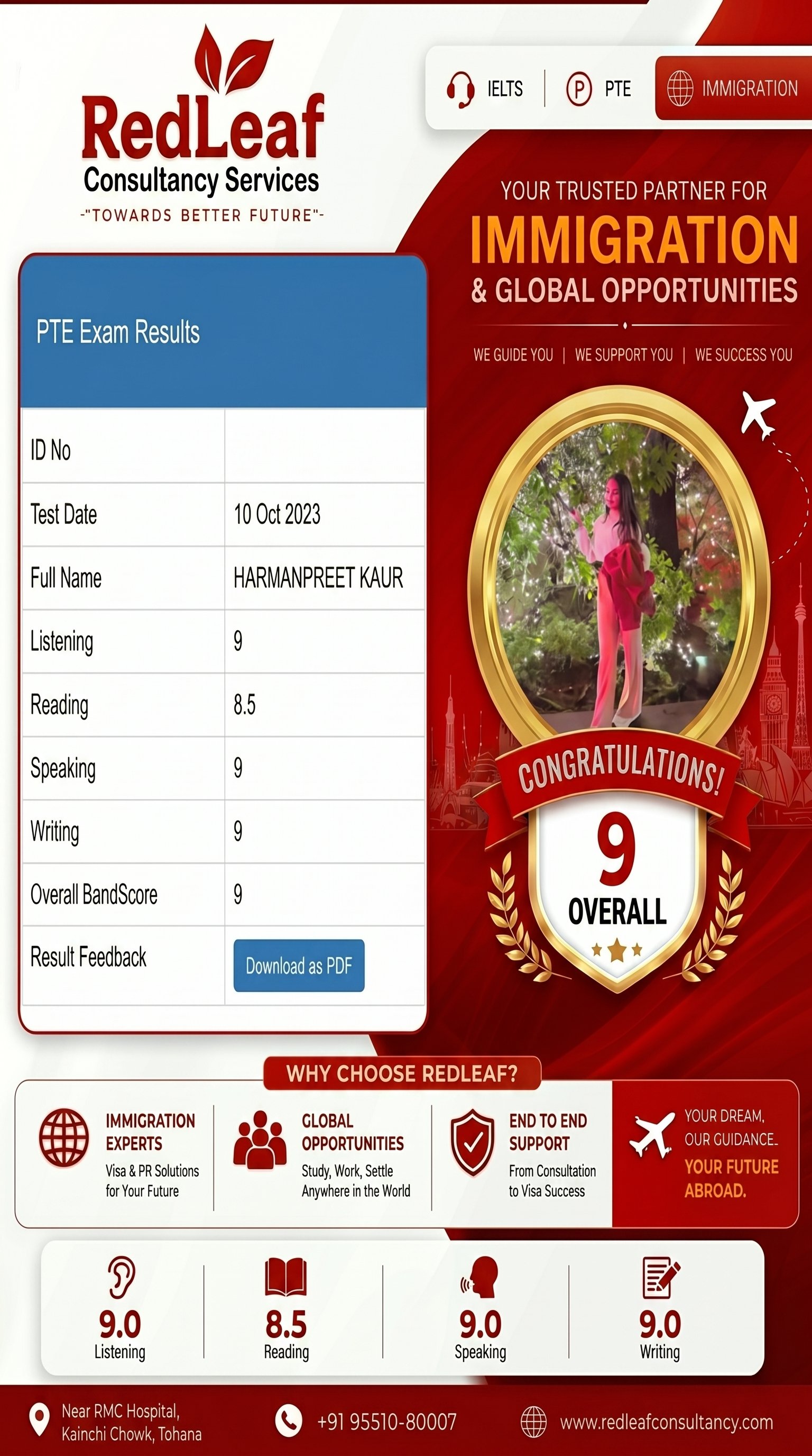 Harmanpreet Kaur — PTE Academic overall 90 (9.0 equivalent) · Red Leaf Consultancy.
