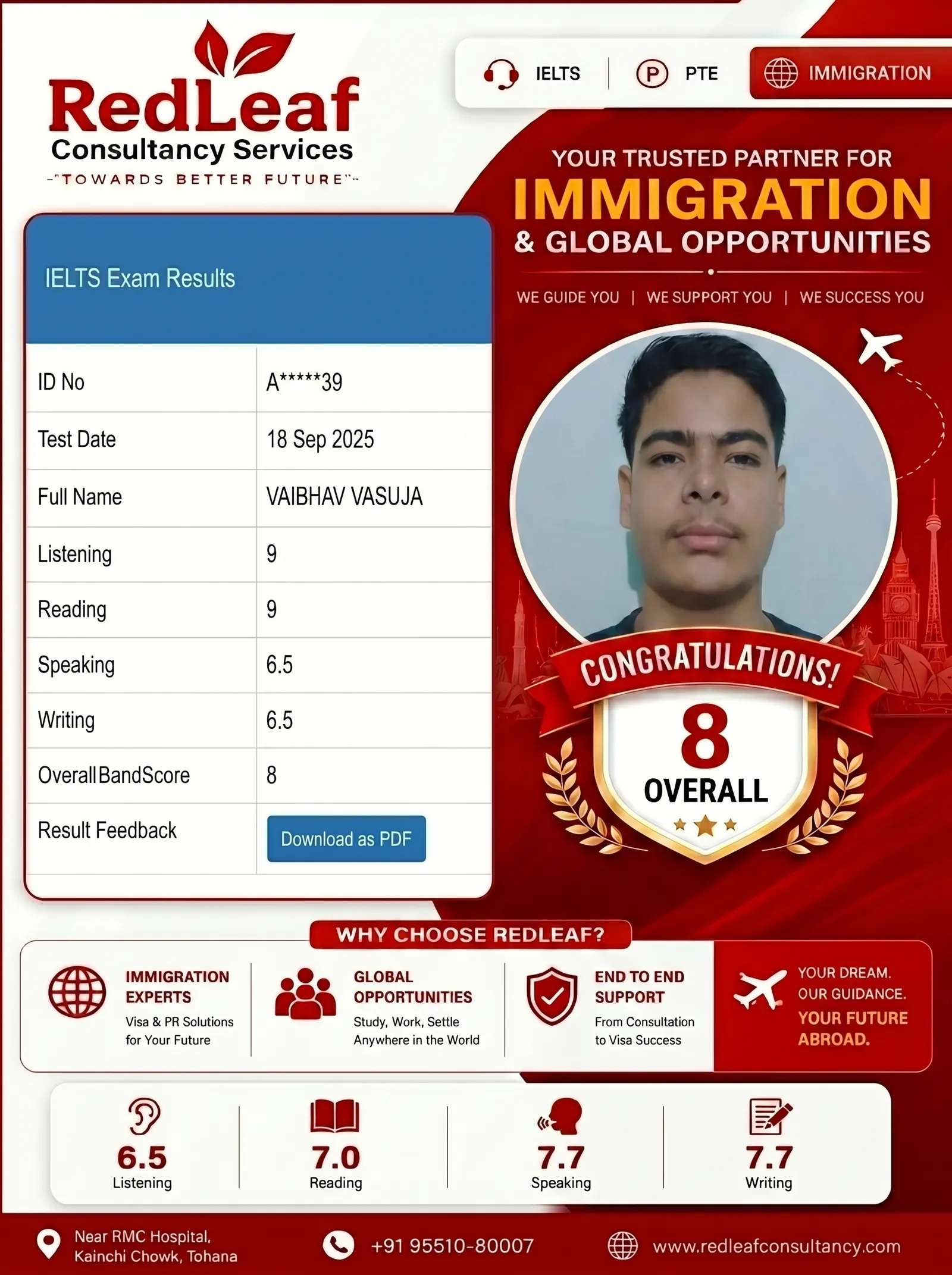 Vaibhav Vasuja — IELTS overall band 8 · Red Leaf Consultancy.